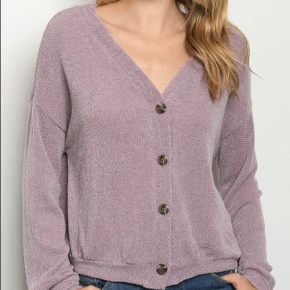 ❌DONATED❌Lavender Purple V-neck Button Front Oversized Knit Sweater Top - Picture 2 of 12